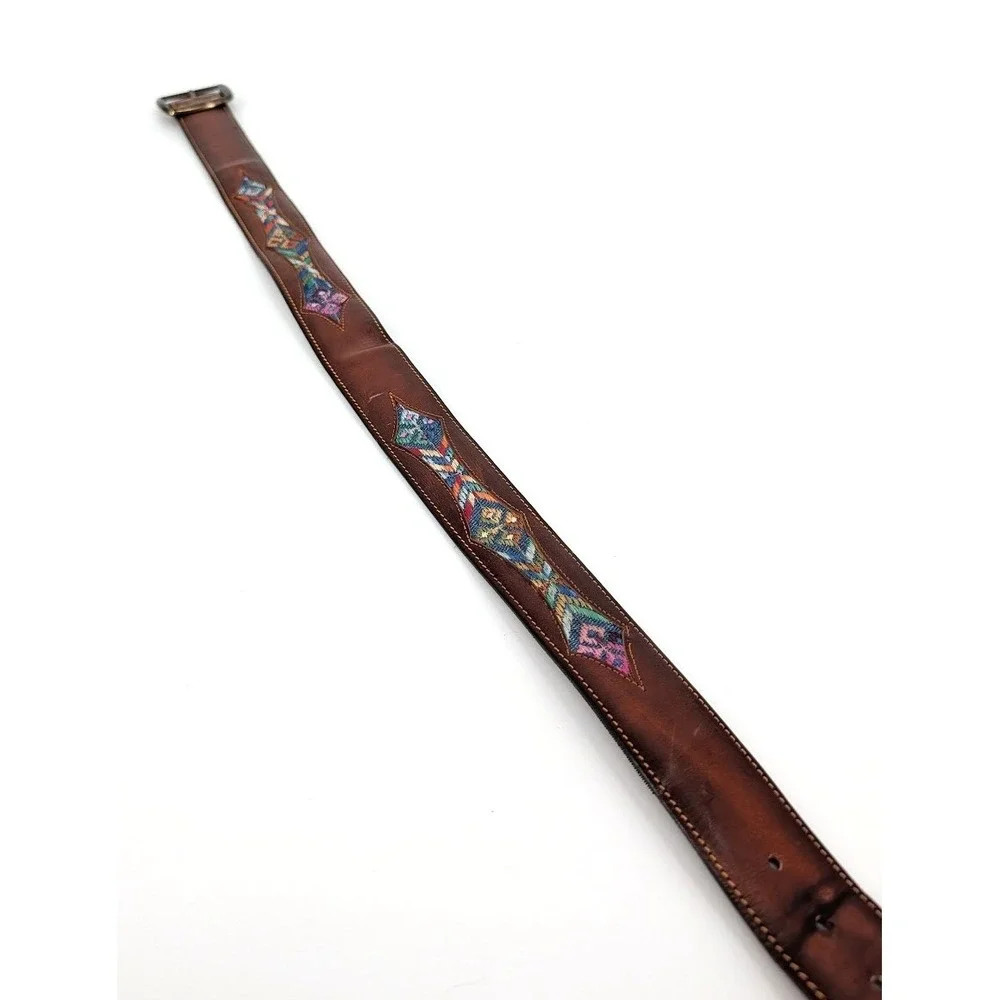 Vintage Leather Belt Lattigo Geometric Colorful Embroidered Inlay Brass 30